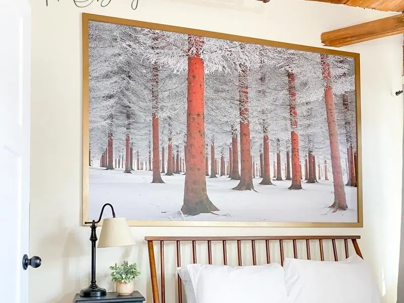 Large DIY photo mural on a bedroom wall made with Posteriza