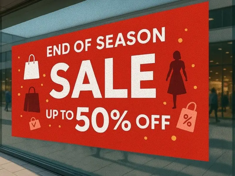 Grand opening sale banner in a shop window printed on A4 paper